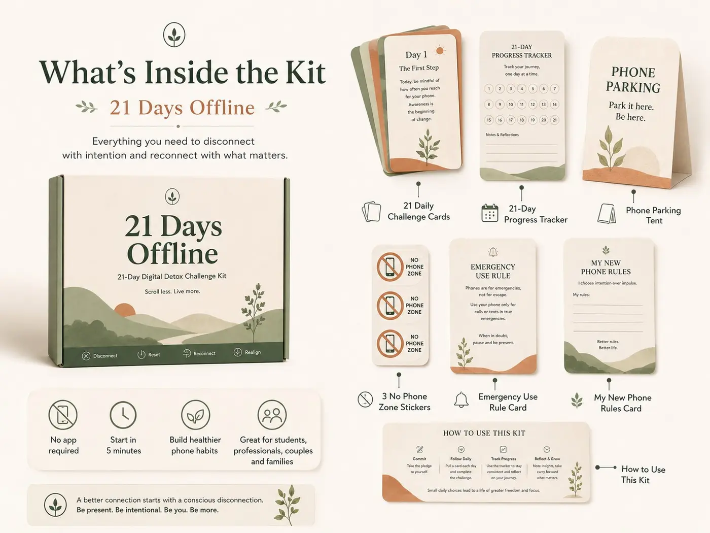 21-Day Digital Detox Kit box, cards, tracker, stickers and phone parking tent